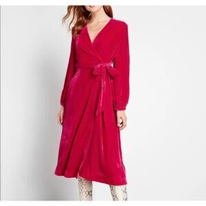 Emily and Fin Pink Velvet Wrap Dress XS 70s Style Boho Cottagecore Midi